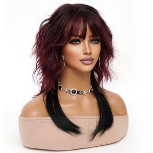 Parrucca Cosplay Rosso Scuro per Halloween, Riccia con Frangia, Punte Lisce, in Fibra Resistente al Calore, per Costume <span class=keywords><strong>da</strong></span> Ragazza, Festa Rock - Product Image 3