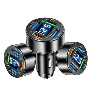 Adaptador de energia para carregador de carro rápido com luz azul de 4 portas, 66W, adaptador de carga rápida USB PD, QC 3.0 LED, display digital para celular