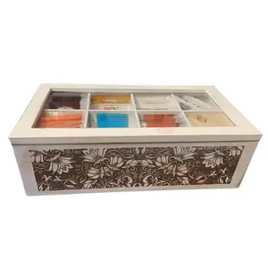 Venta al por mayor de fábrica, caja organizadora de almacenamiento de té de madera de bambú con 8 compartimentos personalizados con ventana de acrílico transparente