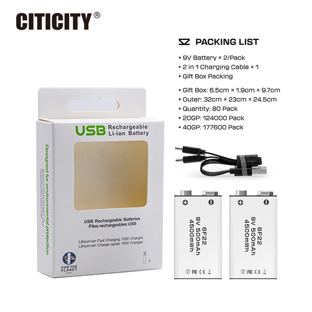 CITICITY 4500mAh 9V USB Rechargeable Lithium-Ion Battery C901 1200+ Cycles with USB-A & USB-C Charging Cable for Consumer Use