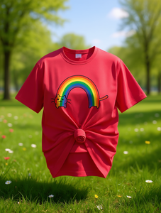 T-shirt da donna con motivo gatto arcobaleno e cuore, manica corta, girocollo, carino, primaverile, estivo, casual, stampato, in jersey di cotone 100% - Product Image 2