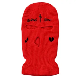 卸売冬暖かいニットビーニー帽子刺繍カスタムロゴ3穴バラクラバスキーマスクこんにちは赤ちゃん