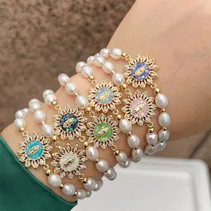 Natural Fashion Freshwater Pearl Bracelet Bangle New Chinese Style Color Shell Flower Religious Pendant Charm Bracelets