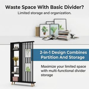 Separador de ambientes moderno de madera SENYU con estantería de 5 niveles, divisor vertical negro con listones para sala de estar o entrada - Product Image 5
