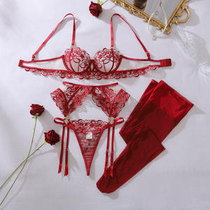 Ensemble de lingerie <span class=keywords><strong>sexy</strong></span> pour femmes en dentelle rouge vin avec <span class=keywords><strong>bas</strong></span>, parfait pour la Saint-Valentin - Product Image 2