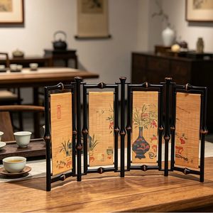 Bamboo Folding Screen 4 Panels Traditional Design Desktop Ornament Decorative Partition - Product Image 3