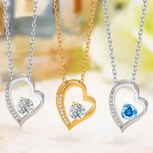 Collares de joyería fina de Plata de Ley 925 circón cúbico piedra natal corazón colgante collar para mujer boda joyería de San Valentín