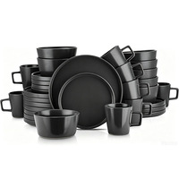 Service de table de luxe 16 pièces en céramique et grès noir mat, comprenant assiettes et bols, motif végétal classique, écologique, compatible lave-vaisselle