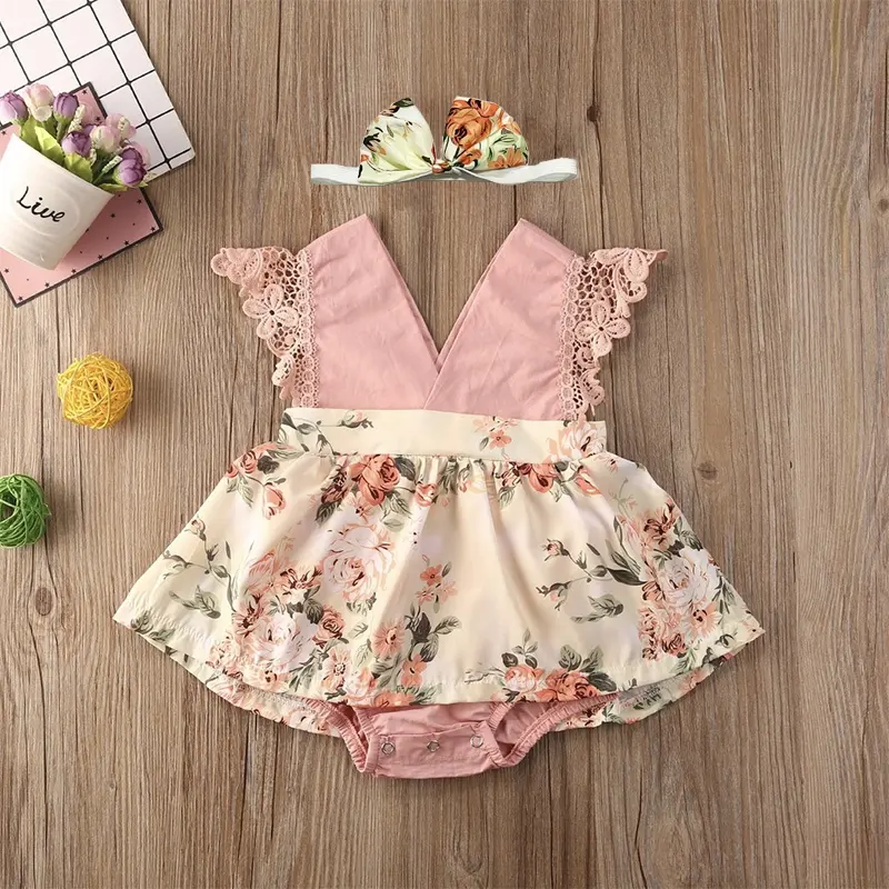 Vestido de manga floral voladora con encaje, diadema, Mono para bebé, Navidad, verano, 1 unidad