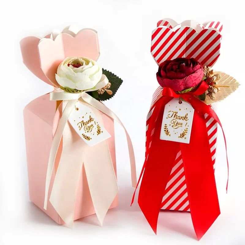Caixa de vaso de doces criativo, lembrancinhas de casamento, caixas de presente de chocolate, fita rosa