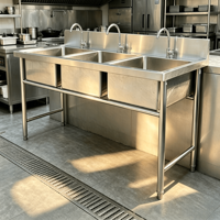Groothandel Commerciële Keuken Spoelbak RVS 3-compartimenten met poten en achterwand voor horeca
