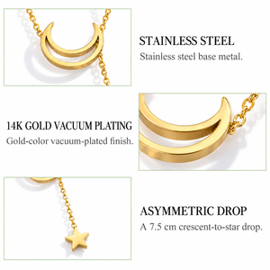 Collar con Colgante de Estrella Creciente, Acero Inoxidable, Chapado en Oro de 14K al Vacío, Colgante Asimétrico, Cadena Ajustable - Product Image 3