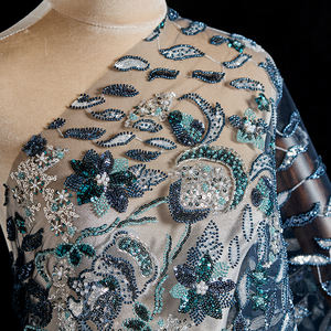 Grosir Pabrik kain bordir manik-manik renda Prancis kain renda Tulle mewah jala kain renda manik-manik biru tua - Product Image 1