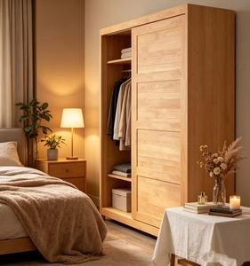 Armoire scandinave en bois massif avec portes coulissantes, meuble de chambre moderne autoportant, design gain de place - Product Image 2