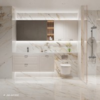 Meuble-lavabo de salle de bain moderne GOLDEN HOME en MDF, bambou bleu écologique, avec plan de travail en marbre artificiel et conception 3D gratuite