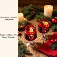 Verre à vin rouge à longue tige de 440 ml, décoré à la main, motif de Noël mignon, bordure rouge goutte à goutte, pour la décoration de la maison