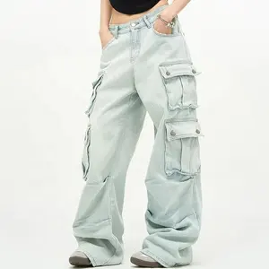 بنطلون جينز رجالي متعدد الجيوب مخصص مريح المناسب بنطلون جينز قطني 100% كلاسيكي مطفي قابل للغسل من قماش الدنيم