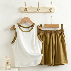 <strong>Boys</strong> and Girls Sleeveless Air-conditioned Clothing Children's Yoke Eco Silk Vest Set Solid Color Baby Home Clothes - Product Image 6