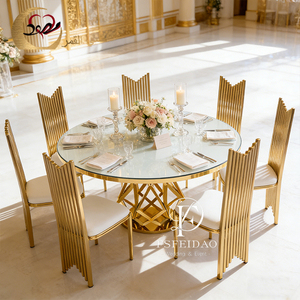 Mesa de Comedor Redonda Moderna con Tapa de Cristal y Base de Metal Dorado para Alquiler en Bodas y Hoteles - Product Image 5