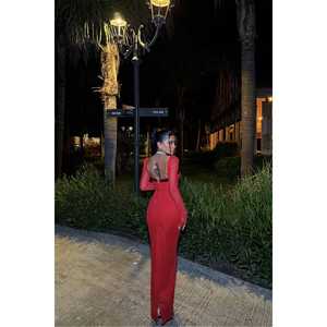 ชุดราตรีทรงเอไลน์สีแดงแบบเอ็มไพร์  ยาวกรอมพื้น  ผูกเชือกด้านหลัง  ผ้าโพลีเอสเตอร์  สำหรับงานเลี้ยงอย่างเป็นทางการ  ไซส์ XS ถึง XL - Product Image 1