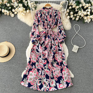 Robe plissée à manches longues imprimée indéfinie hiver automne femmes style de vacances robe plissée A-ligne - Product Image 1