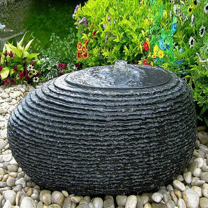 Fonte de água para jardim, fonte oval de granito natural preta para jardim ao ar livre