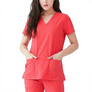 เสื้อสครับแพทย์คอวี แขนสั้น สีแดงคอรัล สำหรับพยาบาล ชุดยูนิฟอร์มโรงพยาบาล มีกระเป๋าหน้า - Product Image 1