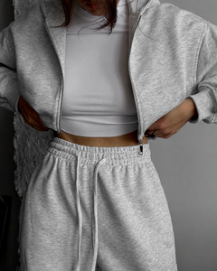 Light <b>Grey</b> Print Zip Hoodie Sweatpants Set <b>Women</b> Two Piece Casual <b>Tracksuit</b> Regular Fit Breathable for Wholesale Custom - Product Image 4