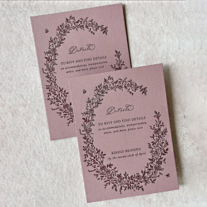 Carte de détails RSVP personnalisée en papier coton, impression Pantone rose poudré, élégance vintage, gaufrage à la presse typographique - Product Image 1