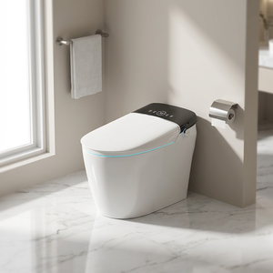 WC intelligent monobloc allongé à poser au sol avec siphon à détection automatique, chasse d'eau par jet, siège chauffant, télécommande, céramique blanche - Product Image 1