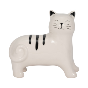 Statuetta di Gatto in Ceramica Bianca con Strisce Nere, Decorazione Moderna per Casa e Ufficio - Product Image 1
