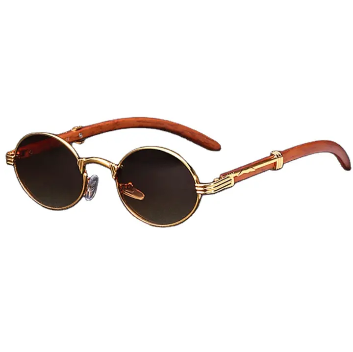 Teenagers Custom Oval Retro Luxury Round Anti-Ultraviolet Wood Grain Adjustable Temple Fashion Vintage Sunglasses