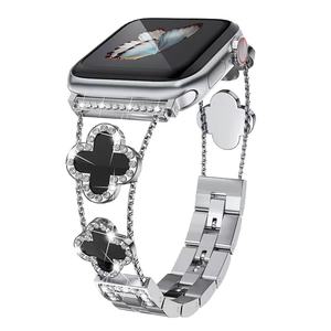 <span class=keywords><strong>Bracelet</strong></span> de montre noir et or style trèfle à quatre feuilles, en métal, incrusté de diamants, avec boucle à bouton-pression - Product Image 1