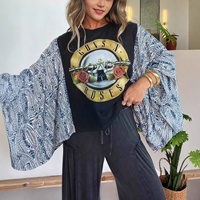 T-shirt vintage à imprimé graphique pour femme, style bohème, en mousseline de soie, patchwork floral, manches chauve-souris, haut ample décontracté d'été, chemisier grande taille