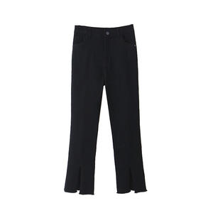 Jeans negros de cintura alta para mujer, talla grande, Runqi, corte ajustado, con abertura en el bajo, tela vaquera elástica de grosor medio, con etiqueta y cintas. - Product Image 1