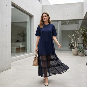 Robe longue décontractée en coton 100 % personnalisée pour femme, avec empiècements en maille superposée, style patchwork, streetwear, vente en gros - Product Image 4