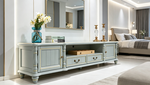 Elegant Gold Trim Solid Wood TV Console 2 Door 2 Drawer <b>Open</b> Storage Turned Leg Media Stand Farmhouse Bedroom Living Room TVs - Product Image 4