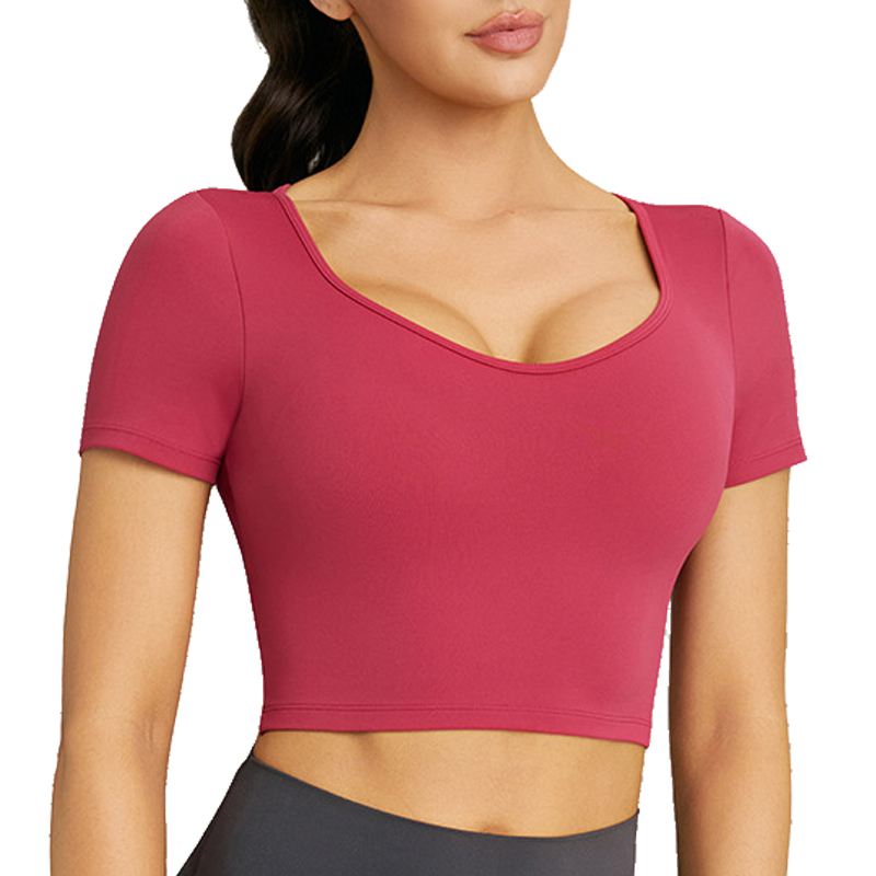 Cross Back Short Yoga Top for Women with Fixed Pads Lightweight Breathable Quick Dry Slim Fit Sports Tee