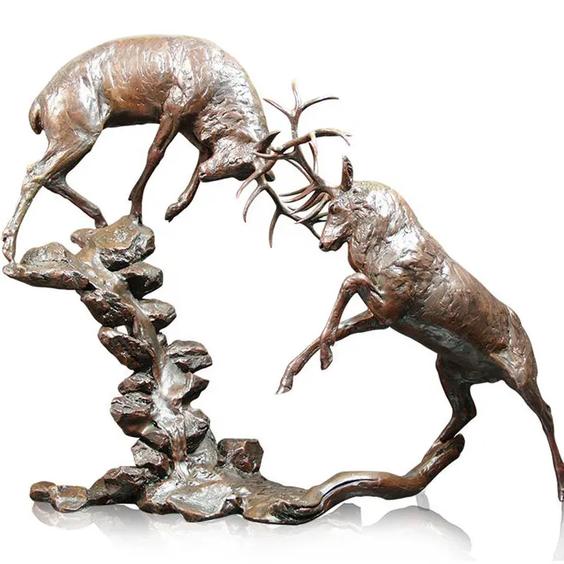 ブロンズ彫刻-赤い鹿と戦う-野生の戦い-ブロンズの野生動物-ハンティングロッジの装飾
