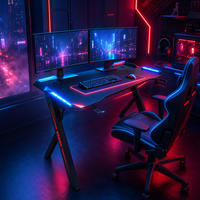 Bureau de jeu moderne en forme de Z avec éclairage LED RVB, table pour joueurs incluant un porte-gobelet et un support pour casque