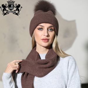 Janefur 2026 Nouveauté : <span class=keywords><strong>Ensemble</strong></span> <span class=keywords><strong>bonnet</strong></span> et écharpe en angora avec <span class=keywords><strong>pompon</strong></span> en fourrure, couleur assortie, pour <span class=keywords><strong>femme</strong></span> - Product Image 1