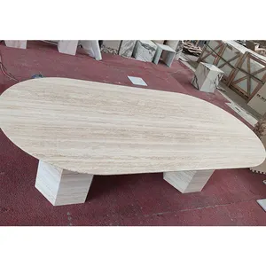 Kavisli el yapımı mermer traverten mobilyaları doğal taş masa sütun bas ayaklı modern oval traverten yuvarlak yemek masası