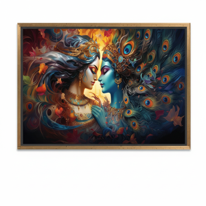 ศิลปะ krishna Radha: ภาพพิมพ์ผ้าใบฮินดูตกแต่งผนังสไตล์โบโฮผ้าใบกรอบสีทอง - Product Image 2