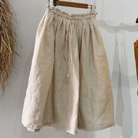 Robe d'été simple courte en pur lin taille élastique robe demi-longue jupe ample ligne A confortable