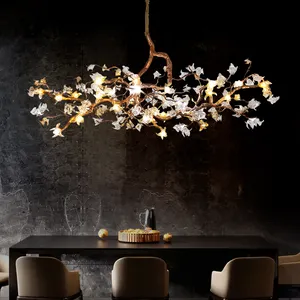 Modern Kitchen Island Living Room Chandelier Gold Flower Modeling Wood look Art Resin Restaurant Cofeshop Pendant Light