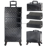 Valise de maquillage 4 en 1 sur roulettes, boîte à cosmétiques roulante avec porte-éponge à vernis à ongles, organisateur de coiffeur, organisateur de tatouage, chariot de voyage