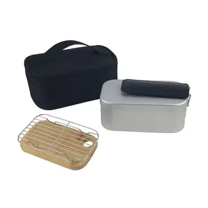 Aluminum Camping Set Mess Tin Lunch Box with Bamboo Cutting Board Steel Steaming Insulated Bag Leather Sheath