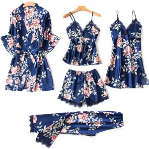 Hot Sale High Quality Custom Printing Pyjamas Set Ladies Satin Silk Like Sleepwear Robe Set For Women Robe Fille