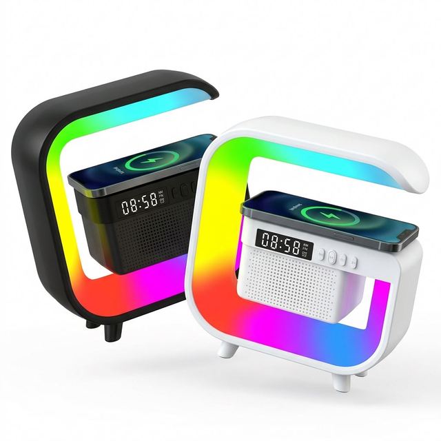 2026 Best Sale MultiFunctional G-Shape RGB LED Bluetooth 5.3 5W Wireless Charger Alarm Clock Speaker Custom Logo Gifts