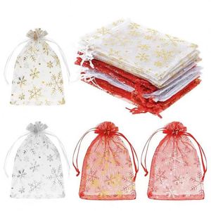 Sacs cadeaux en organza à cordon avec logo imprimé à chaud motif flocon de neige, pochettes pour faveurs de fête de Noël - Product Image 1
